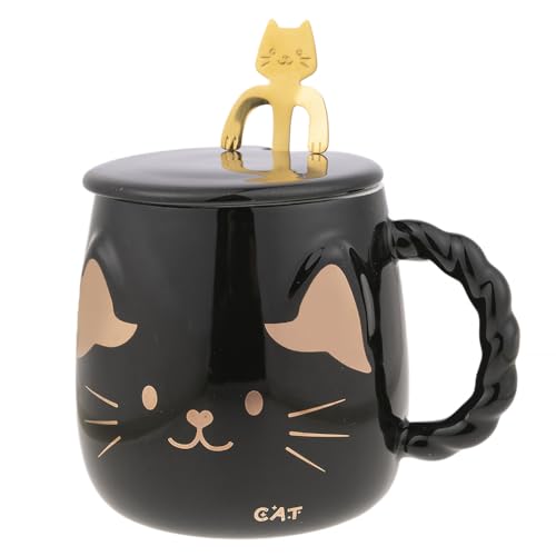 lachineuse Tasse aus Porzellan mit japanischer Katze – mit Deckel & Löffel – 425 ml – Frühstück & Entspannungspause – Kaffee, Tee, heiße Schokolade – Geschenkidee Asien, China, Japan – Farbe Schwarz von lachineuse