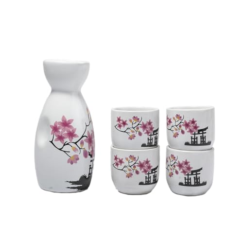 lachineuse - Traditionelles Sake-Service – Pagode und Kirschblüten – mit 4 Schalen & Karaffe – asiatisches Geschirr – traditionelles Saké-Service aus japanischem Porzellan – Geschenkidee für Asien von lachineuse