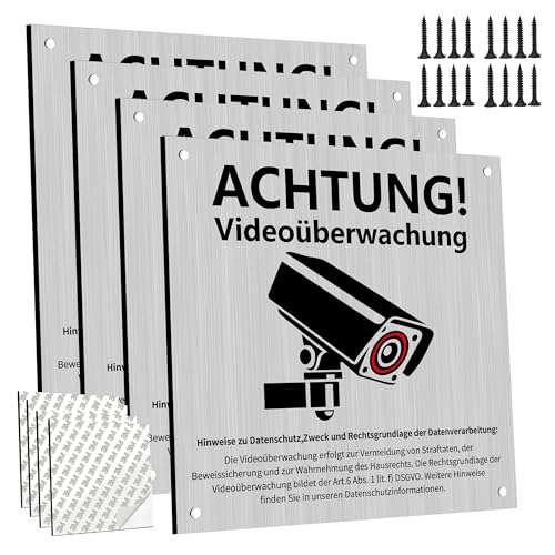 4 Stück Schild Videoüberwachung Mit DSGVO Hinweis,15x15 cm Schild Videoüberwachung Privatgrundstück Kameraüberwachung Achtung Mit Selbstklebend von laeeyin