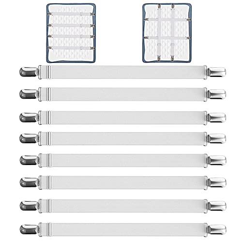 laeeyin Verstellbare Bettlakenspanner 8 Stück 55-250cm Bettlaken Spanngurte Elastische Betttuchspanner, Weiß Lakenspanner mit Metallclips, für Bettlaken, Matratze, Bügelbrett Oder Sofa von laeeyin