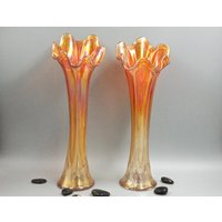 Paar Fein Gerippte Vasen Von Northwood Carnival Antique Art Glass Squat Marigold Vase Collection Home Decor von lafabrikduherisson