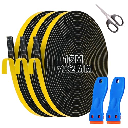 lafo Dichtungsband Selbstklebendes für Türen und Fenster, 3 Rollen 7mm (B) x 2mm (D), 10m Ceranfeld Dichtungsband mit kleinem Schaber und Schere, Schwarzes Moosgummi Selbstklebend (3) von lafo