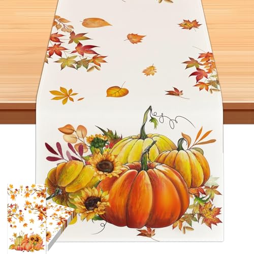 lafo 33x183 cm Tischdecke aus Leinen für Thanksgiving，Herbst Tischläufer Set mit Kürbis und Ahornblatt Design , Herbstdeko, Tischdeko für Party, Zuhause, Outdoor Inklusive 20 Blatt Servietten von lafo