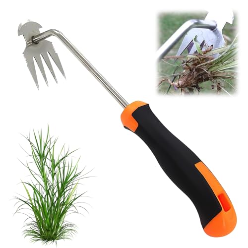 lafo Unkraut Entferner Gerät Edelstahl, Unkrautjäter mit Langem Stiel, Fugenkratzer Mit Stiel Gartenwerkzeug Unkrautentferner, Gartenarbeit Hand Unkrautstecher (Gummigriff 4 Zähne) von lafo