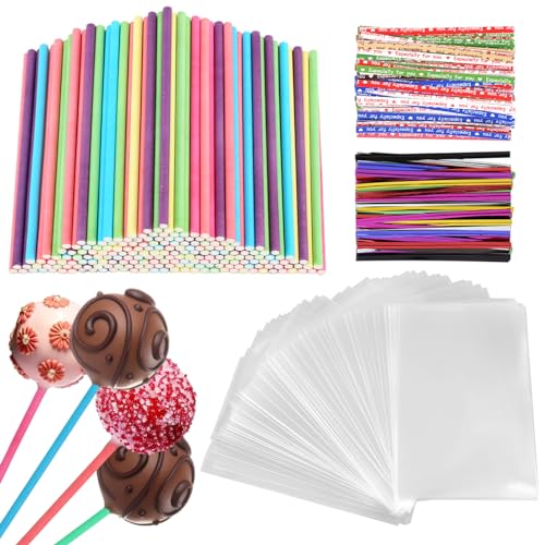 lahnao 600 Stück Cake Pop Stiele Set mit 200 Stück 6-Farbigen Lollipop Sticks, 200 Stück Cake Pop-Tüten und 200 Twist Ties für Lutscher, Bonbons, Kekse, Gebäck von lahnao