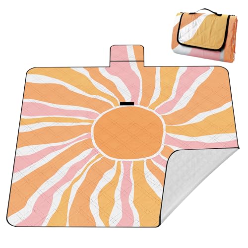Picknickdecke XXL 200x200 cm – extra groß, wasserdicht & waschbar, isoliert mit Alubeschichtung, orange Sunburst Design, faltbar mit Tragetasche – für Strand, Park & Garten von laimaimi