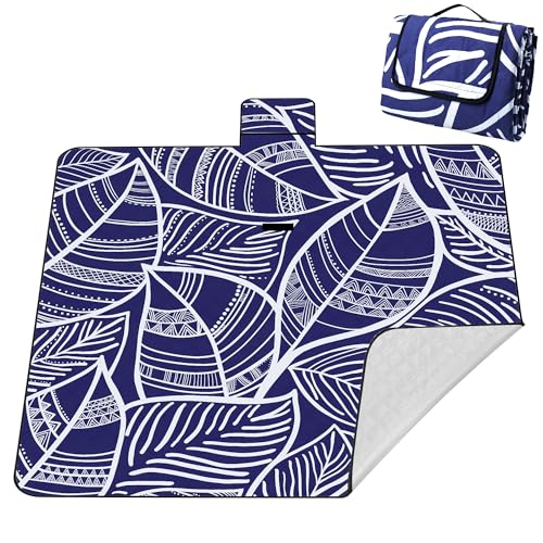 Picknickdecke XXL 200x200 cm – extra groß & weich, wasserdicht & maschinenwaschbar, Boho Blätter Design in Blau-Weiß, isoliert mit Alufolie, faltbar mit Tragetasche – für Camping & Familie von laimaimi