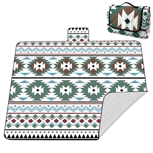 laimaimi Picknickdecke XXL 200x200 cm – extra groß, wasserdicht & waschbar, geometrisches Design in Beige, Grün & Blau, dick gepolstert mit Alubeschichtung, faltbar & tragbar – für Outdoor & Garten von laimaimi