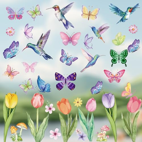 Aquarell Fensterbilder Frühling Sommer,8 Blatt Selbstklebend Fensterbilder Blumen Vogel Schmetterling Wiederverwendbar Fenstersticker Selbstklebend Fenster Aufkleber Deko für Fensterdeko Kinderzimmer von lakigoes