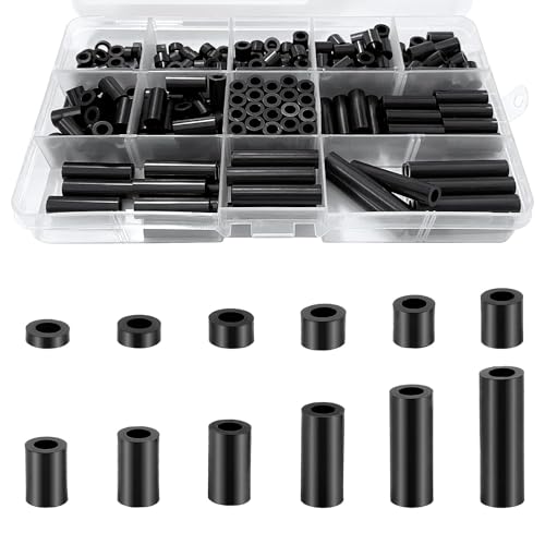 Runde Abstandshalter,320 Stück ABS Distanzhülsen Unterlegscheiben,Nylon Unterlegscheiben,Distanzhülsen Isolierung Beilagscheiben ohne Gewinde Säulen Set,Nylon Kunststoff Distanzhülsen,Schwarz, M3, M4 von lakigoes