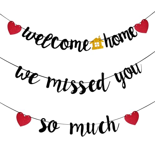 Schwarze Willkommen Zurück Willkommen Zuhause Deko Set,Welcome Home Deko,Willkommen Zurück Banner,Herzlich Willkommen Girlande, Heimkehr Party Deko,Willkommen Zurück Deko für Familie Rückkehr von lakigoes