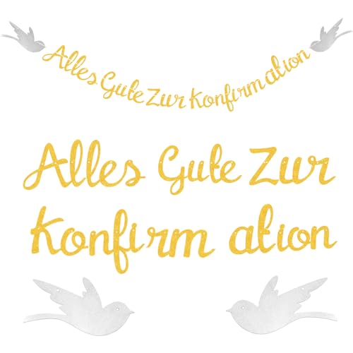 Alles Gute zur Konfirmation Girlande,Glitzernde Papier-Buchstabenkette mit Vögeln Deko Taufe Konfirmation Papiergirlande, Dekoration für Mädchen Jungen, Hochzeit, Taufe Party(Gold) von lakigoes