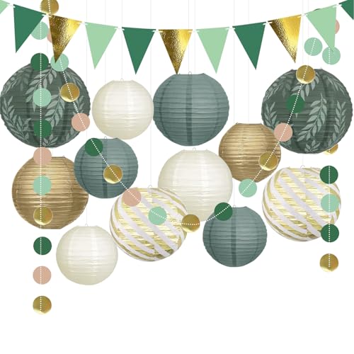 Grün Hochzeitsfeierdekorationen,14 Stück Grün Gold hängende Papierlaternen für rustikalen Stil Frühlingsdekor Brautdusche Babyparty Geburtstag Eukalyptus Greenery Thema von lakigoes
