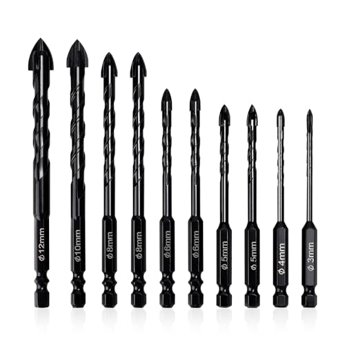 LALAGO Fliesenbohrer Set 10 tlg, Ø 3-12mm, Glasbohrer Set, Betonbohrer, Keramikbohrer, Universalbohrer für Metall Ziegel Glas Kunststoff Holz (Schwarz) von lalago