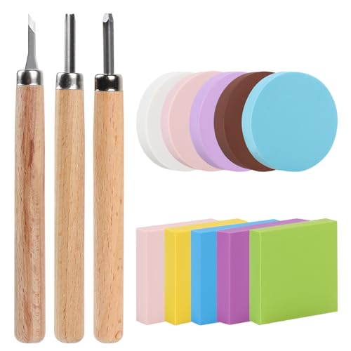 LALAGO Rubber Stamp Carving Block with Carving Chisels, Blockdruck-Starterwerkzeug-Set, Gummistempel Schnitzblöcke, Gummistempelherstellungs-Set mit runden und quadratischen Gummi-Schnitzblöcken von lalago
