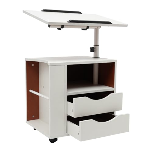 lalaleny Funktioneller Drehbarer Nachttisch mit 2 Schubladen und Offenes Regal Verstellbarem Mobiler Nachtschrank Hubtisch Holz Laptoptisch Höhenverstellbarer Nachttisch (Weiß) von lalaleny