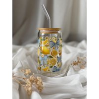 Trinkglas Mit Deckel Und Strohhalm -Blue Citrus - | Glas Bambusdeckel Becherglas Lalovelymakramee von lalovelymakramee