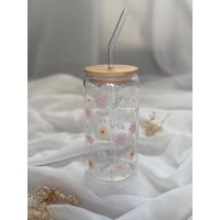 Trinkglas Mit Deckel Und Strohhalm -Blume Schleifen - | Glas Bambusdeckel Becherglas Lalovelymakramee von lalovelymakramee