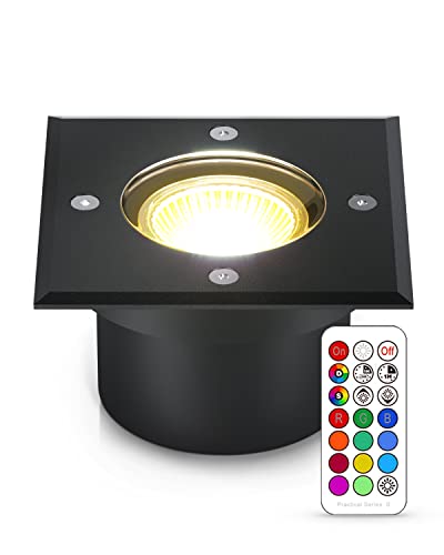 lambado® Flacher LED Bodenstrahler RGB für Aussen mit Farbwechsel dimmbar inkl. Fernbedienung - Schwarz eckige Bodenleuchte/Bodeneinbaustrahler IP67 - Befahrbar & Wasserdicht von lambado