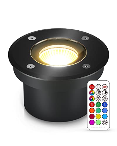 lambado® Flacher LED Bodenstrahler RGB für Aussen mit Farbwechsel dimmbar inkl. Fernbedienung - Schwarz runde Bodenleuchte/Bodeneinbaustrahler IP67 - Wasserdicht & Befahrbar von lambado