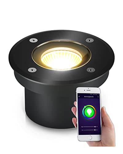 lambado® Flacher LED Bodenstrahler für Außen mit RGB Farbwechsel - Alexa & Google Home steuerbar per App - Runde Bodenleuchte/Bodeneinbaustrahler IP67 - Wasserdicht & Befahrbar von lambado