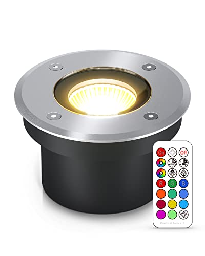 lambado® Flacher LED Bodenstrahler für Aussen mit RGB Farbwechsel dimmbar inkl. Fernbedienung - Runde Bodenleuchte/Bodeneinbaustrahler IP67 aus Edelstahl - Befahrbar & Wasserdicht von lambado