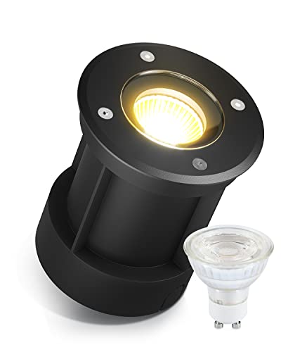 lambado® LED Bodenstrahler für Außen in Schwarz - Wasserdicht & Befahrbar inkl. 5W GU10 Strahler warmweiss dimmbar - Runde Bodenleuchte/Bodeneinbaustrahler IP67 für Terrasse & Garten von lambado