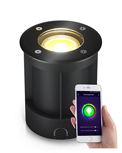 lambado® LED Bodenstrahler für Außen mit RGB Farbwechsel - Alexa & Google Home steuerbar per App - Schwarz runde Bodenleuchte/Bodeneinbaustrahler IP67 - Befahrbar & Wasserdicht von lambado