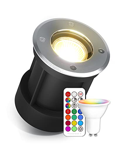 lambado® LED Bodenstrahler für Aussen mit RGB Farbwechsel dimmbar inkl. Fernbedienung - Runde Bodenleuchte/Bodeneinbaustrahler IP67 aus Edelstahl - Befahrbar & Wasserdicht von lambado