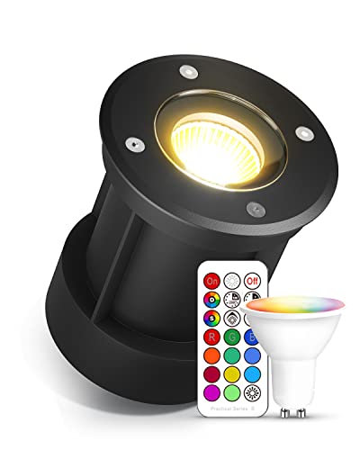 lambado® LED Bodenstrahler für Außen mit RGB Farbwechsel dimmbar inkl. Fernbedienung - Schwarz runde Bodenleuchte/Bodeneinbaustrahler IP67 - Befahrbar & Wasserdicht von lambado