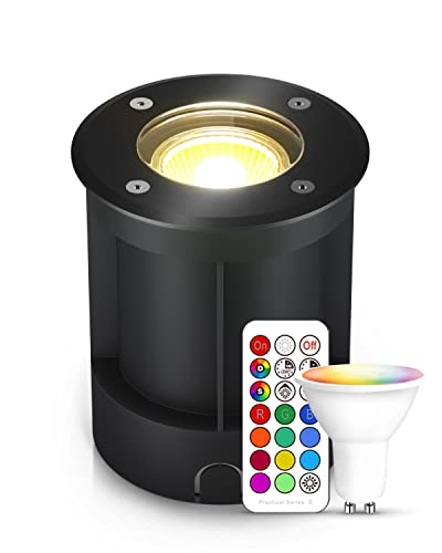 lambado® LED Bodenstrahler für Außen mit RGB Farbwechsel dimmbar inkl. Fernbedienung - Schwarz runde Bodenleuchte/Bodeneinbaustrahler IP67 - Wasserdicht & Befahrbar von lambado