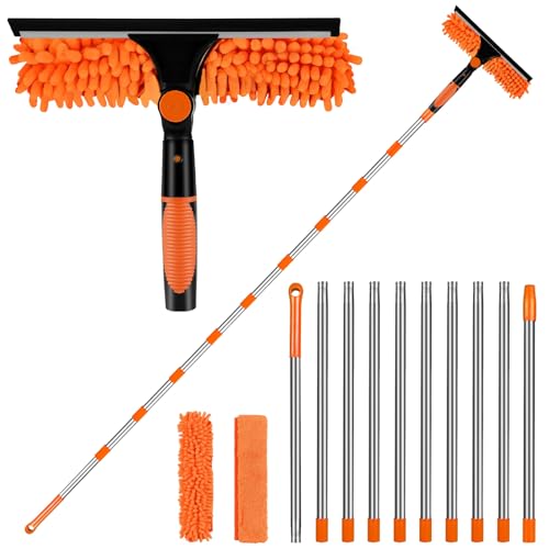 4m Fensterwischer mit Teleskopstiel, Fensterreiniger mit Langem Griff, 2 in 1 Teleskop Fensterwischer Abzieher Set, Profi Fensterreinigungsset Glaswischer für Hohe Fenster Glas Fenster Putzen, Orange von lameico