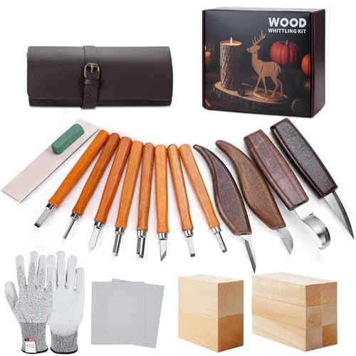 Holzschnitzwerkzeug-Set, 26-teiliges Schnitzwerkzeug-Set, inklusive 12 Schnitzmessern, Messerschärfwerkzeugen, Handschuhen, geeignet für Anfänger/Profis von lameico