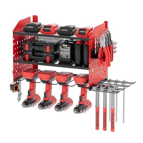 lameico 2-stufige Werkzeugwandhalterung, Akkuschrauberhalter, Werkzeugaufbewahrung, für 4 Elektrowerkzeuge, ideal für Garagen und Werkstätten (40 x 22 x 30 cm) von lameico