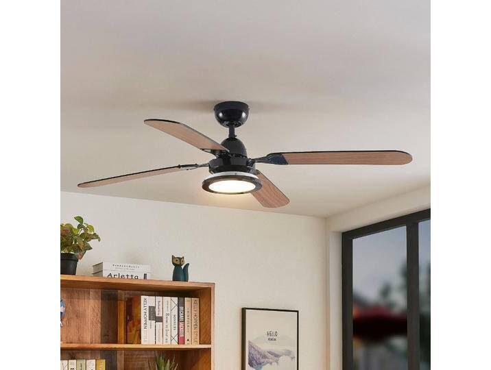 Lucande LED-Deckenventilator Tedric, schwarz, leise, 133 cm Tedric, schwarz, für Wohn- / Esszimmer, Metall, Vintage von lampenwelt.de