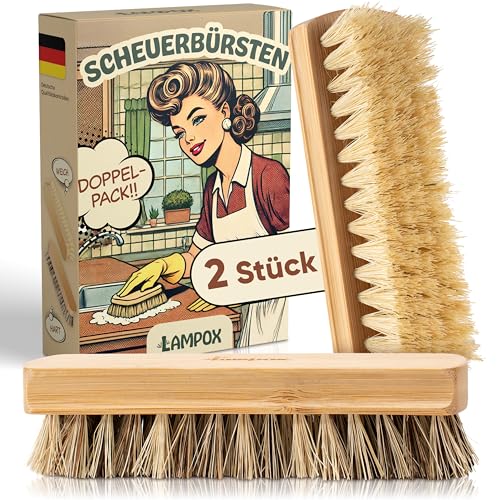 lampox® 2er Set Scheuerbürste mit Borsten in hart & weich • Teppichbürste, Wurzelbürste, Schrubberbürste, Putzbürsten, Schrubber Naturborsten, Bürste Reinigung von lampox