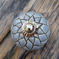 Knauf Möbelknauf Keramik Blattmuster Grau Blau Schubladengriff Schrankgriff von landhausimpressionen