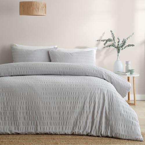 Serene Seersucker-Bettbezug, Einzelbett (140 x 200 cm), Luxus-Bettwäsche, weiche Haptik, strukturiert, Pucker-Effekt, Eisenbahn-Streifen-Bettdecke von laqula