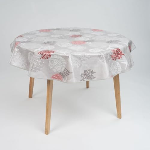 laro 140cm runde Wachstuch Tischdecke abwaschbar Wachstuchtischdecke mit Saum-Eingefasst-Paspelband, Muster:Strand Muschel Koralle Grau, Größe: Rund 140cm von laro