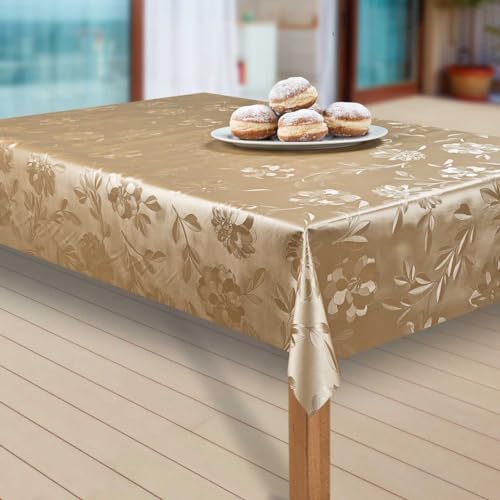 laro Wachstuch-Tischdecke Abwaschbar Garten-Tischdecke Wachstischdecke PVC Plastik-Tischdecken Eckig Meterware Wasserabweisend Abwischbar, Muster:Dahlien Gold Beige, Größe:118x130 von laro