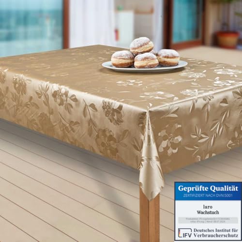 laro Wachstuch-Tischdecke Abwaschbar Garten-Tischdecke Wachstischdecke PVC Plastik-Tischdecken Eckig Meterware Wasserabweisend Abwischbar, Muster:Dahlien Gold Beige, Größe:130-130 cm von laro