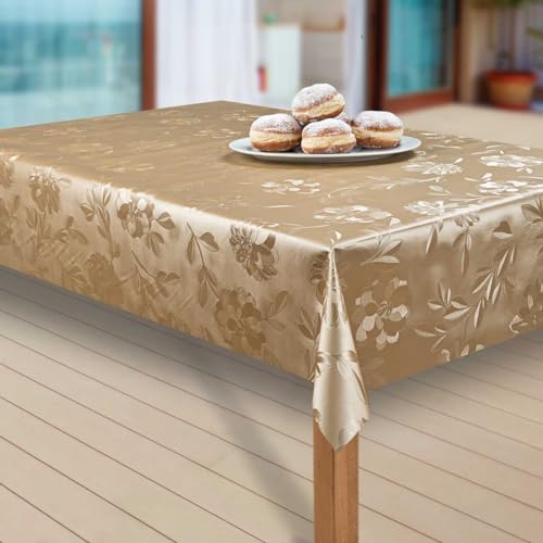 laro Wachstuch-Tischdecke Abwaschbar Garten-Tischdecke Wachstischdecke PVC Plastik-Tischdecken Eckig Meterware Wasserabweisend Abwischbar, Muster:Dahlien Gold Beige, Größe:140-220 cm von laro