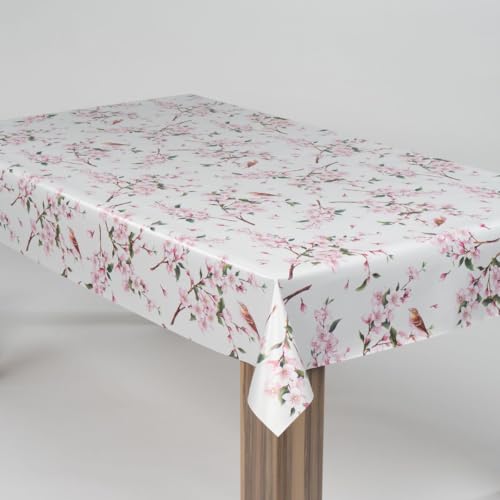 laro Wachstuch-Tischdecke Abwaschbar Garten-Tischdecke Wachstischdecke PVC Plastik-Tischdecken Eckig Meterware Wasserabweisend Abwischbar, Muster:Kirschblüten Rosa Weiß, Größe:130x180 von laro
