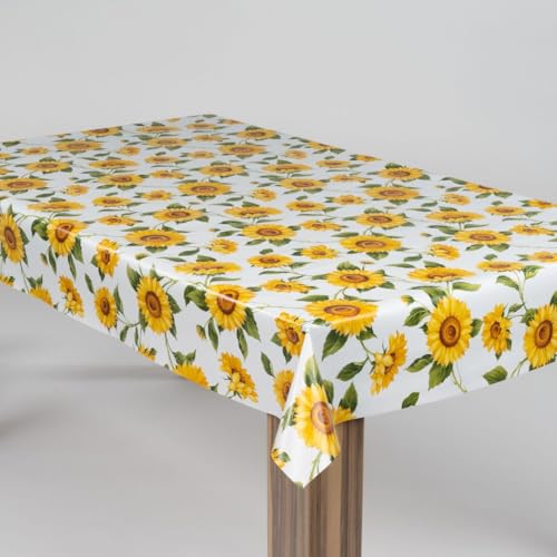 laro Wachstuch-Tischdecke Abwaschbar Garten-Tischdecke Wachstischdecke PVC Plastik-Tischdecken Eckig Meterware Wasserabweisend Abwischbar, Muster:Sonnenblumen Sonnenfreude Gelb Weiß, Größe:140x220 von laro
