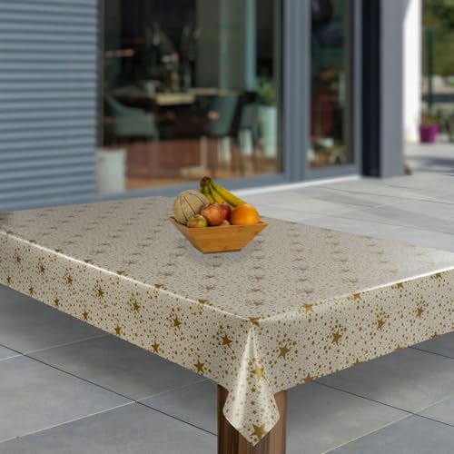 laro Wachstuch-Tischdecke Abwaschbar Garten-Tischdecke Wachstischdecke PVC Plastik-Tischdecken Eckig Meterware Wasserabweisend Abwischbar, Muster:Sterne Firmament Weiß Gold Weihnachten, Größe:130x220 von laro