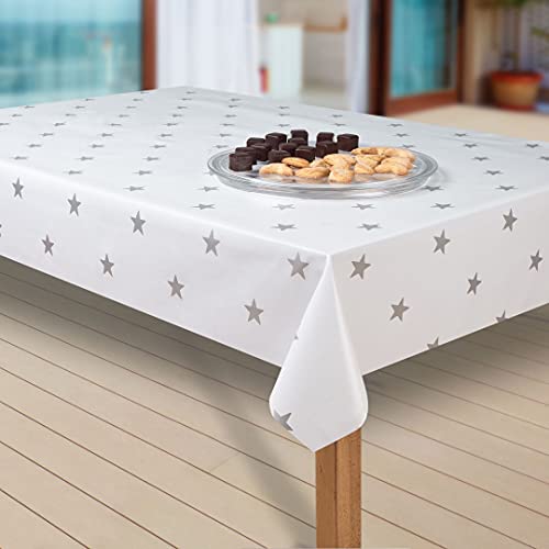 laro Wachstuch-Tischdecke Abwaschbar Garten-Tischdecke Wachstischdecke PVC Plastik-Tischdecken Eckig Meterware Wasserabweisend Abwischbar, Muster:Sterne Weiss-Silber, Größe:110x220 von laro