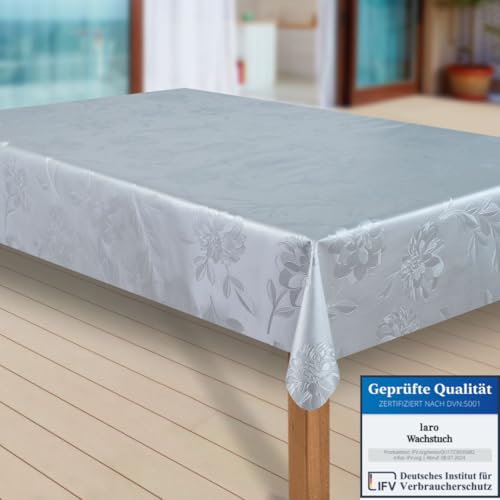 laro Wachstuch-Tischdecke Abwaschbar Garten-Tischdecke Wachstischdecke PVC Plastik-Tischdecken Eckig Meterware Wasserabweisend Abwischbar |72|, Muster:Dhalia Silber, Größe:110x260 von laro