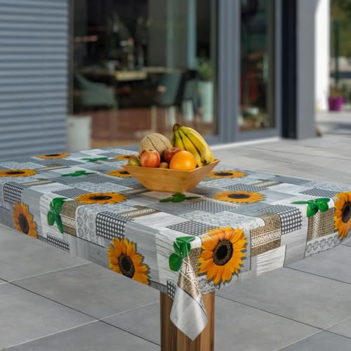 laro Wachstuch-Tischdecke Abwaschbar Garten-Tischdecke Wachstischdecke PVC Plastik-Tischdecken Eckig Meterware Wasserabweisend Abwischbar AS, Muster:Sonnenblumen Gelb Grau Grün, Größe:100x200 von laro