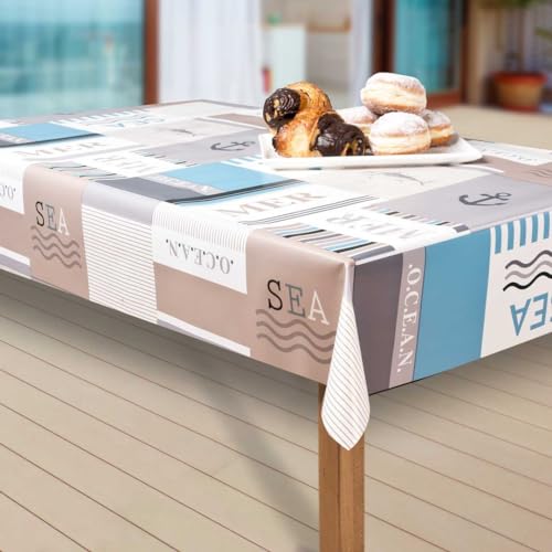 laro Wachstuch-Tischdecke Abwaschbar Garten-Tischdecke Wachstischdecke PVC Plastik-Tischdecken Eckig Meterware Wasserabweisend Abwischbar EZ, Muster:Meer. blau/weiß, Größe:130-220 cm von laro