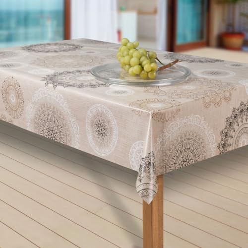 laro Wachstuch-Tischdecke Abwaschbar Garten-Tischdecke Wachstischdecke PVC Plastik-Tischdecken Eckig Meterware Wasserabweisend Abwischbar G03, Muster:Mandala beige-braun, Größe:130x260 cm von laro